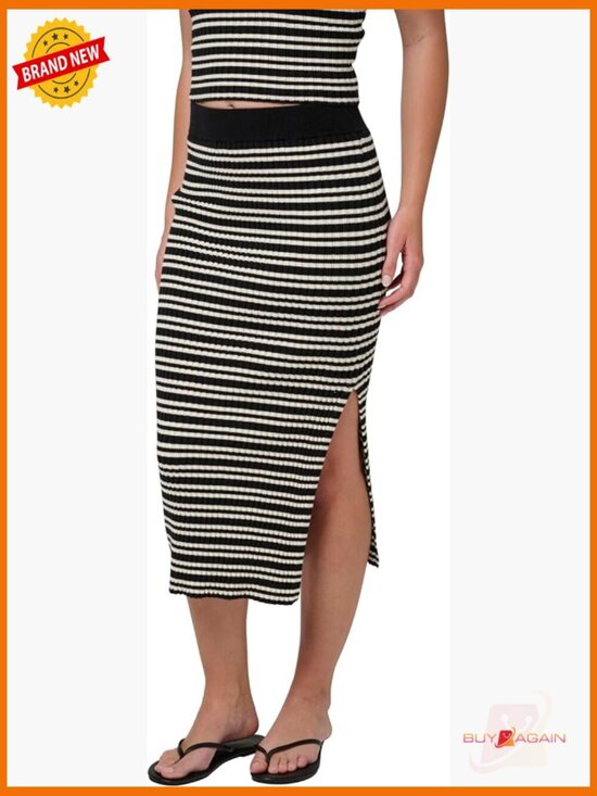 Dresses & Skirts - Ribbed Stripe Midi Sweater Skirt Pull On Mid Rise